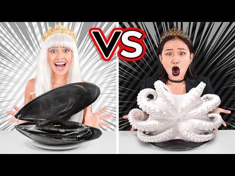 BLACK VS WHITE COLOR CHALLENGE Fun Eating Everything In 1 Color For 24 Hours By 123 GO CHALLENGE