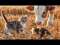 FUNNIEST Pets.The Surprising Encounter Between Kittens,Ducklings,Calves in the Rice Field🥰Funny Cute