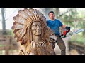 AMAZING CHAINSAW wood carving, Native American with wolves