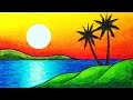 How To Draw Beautiful Sunset | Easy Sunset Scenery Drawing