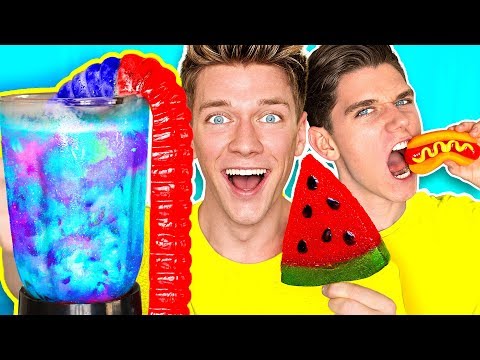 Gummy Food vs. Real Food SMOOTHIE CHALLENGE GIANT GUMMY DRINK Eating Best Gross Real Worm Candy