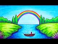 How to Draw Easy Scenery | Drawing Rainbow on the River Scenery Step by Step with Oil Pastels