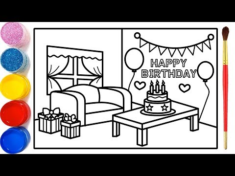 V� tranh phòng sinh nhật cho bé tô màu Dạy bé v� Dạy bé tô màu Birthday room Drawing and Coloring
