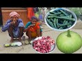 80years old grandma cooking CHICKEN || BOTTLE GOURD || LADYFINGER curry and eating with hot rice