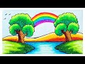 Scenery Drawing | How To Draw Beautiful Rainbow Scenery On a Lake Hills With Oil Pastel