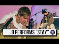 Justin Bieber performs STAY with Kid Laroi at the opening OBB studio in LA