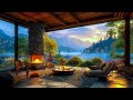 Heavy Rain & Warm Jazz Music in a Cozy Cabin Porch - Relaxing Fireplace Sounds for Sleep
