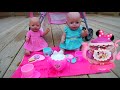 Baby Born dolls feeding with Minnie Mouse tea play set DIY lemonade and stroller walk