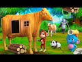 Giant Cow Wooden House: Farm Diorama with Gorilla & Animal Friends! Elephant Panda Monkey Cartoons