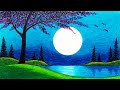 How to Draw Beautiful Moonlight Over the Lake Scenery | Oil Pastels Scenery Drawing