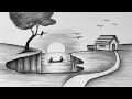 Pencil Drawing of Beautiful Sunset Nature, Pencil Drawings for Beginners, Landscape Drawing