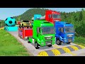 Double Flatbed Trailer Truck vs Speedbumps Train vs Cars | Tractor vs Train Beamng.Drive