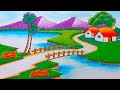How to draw beautiful village scenery drawing step by step with mountain river landscape drawing