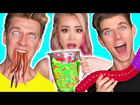GUMMY FOOD VS REAL FOOD SMOOTHIE CHALLENGE SOUREST Giant Worm Toxic Waste Wengie & Collins Key