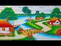 How to draw easy scenery drawing with beautiful landscape village with riverside scenery drawing