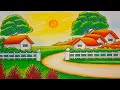 How to draw a village house scenery with colour | Landscape village scenery drawing with oil pastel