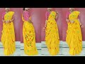 saraswati puja saree style with yellow jamdani saree | bengali atpoure saree draping