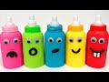 Match Rainbow Colors Squishy Balls with Kinetic Sand Milk Bottles Smiley Face | Video for Kids