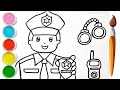 Drawing,painting and coloring a police officer with accessories:how to draw for kidsand Toddlers👮‍♂️