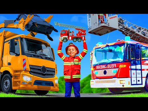 Kids Play with a Real Garbage Truck Excavator & Fire Trucks