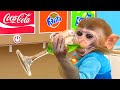 Monkey Baby Bon Bon doing shopping in Toy store and eats ice cream rainbow with duckling the pool