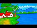 How to draw easy scenery drawing with oil pastel landscape Village scenery drawing step by step