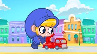 Giant Girl Mila plays with real fire trucks police cars and vehicles as toys. Bad Baby Morphle video
