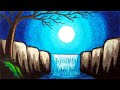 Easy Moonlight Waterfall Scenery Drawing | How to Draw Simple Scenery of Moonlight Over Waterfall