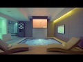 Luxurious Home Spa and Theater - Waterfall, Hot Tub, Sauna, Shower, Gym, and Lounge Seating