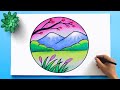 Easy Scenery Drawing | Colorful landscape to draw