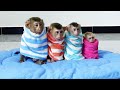 Most Cutest Four Littles Sit InLine Covering By Blanket Waiting For Mum Change Clothe