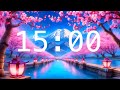 15 Minute Countdown Timer with Alarm | Cherry Blossoms and a River with Lanterns | Relaxing Music