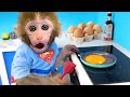 Bebé Mono BonBon Come Huevo Frito y Helado con un lindo Cachorro en el Jardín - MONO BONBON ESP