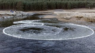 Giant spinning frozen ice circle forms on freezing river in Cairngorms Scotland January 2019