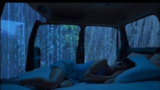 Goodbye Insomnia with Heavy Rain on Car - Rain Sounds in a Foggy Forest at Night for Instant Sleepp