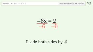Linear equation with one unknown: Solve 9-4x-7-2x=4 step-by-step solution