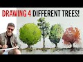 Drawing and Painting four different types of Trees with ink and watercolor.