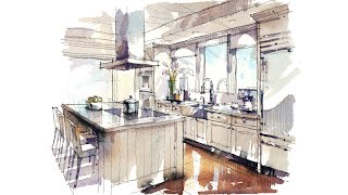 Hand Rendering, Interior, Kitchen Watercolor Sketch (Full)