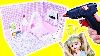 リカちゃん ベッドのお部屋をDIY❤火事でおうちが燃えちゃった😣🔥グルーガンでベッドルームを手作り🍭おもちゃ 人形 アニメ