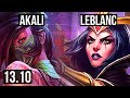 AKALI vs LEBLANC (MID) | 7 solo kills, 1.7M mastery, 1100+ games, Legendary | KR Master | 13.10