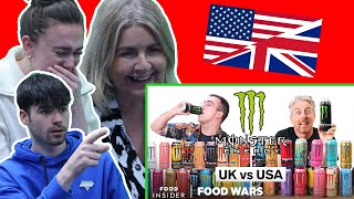 BRITISH FAMILY REACTS! US vs UK Food Wars | MONSTER ENERGY!