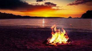 🔥10 Hours Campfire On Beach - Cracking Fire with Ocean Waves Sounds | Beach Sunset