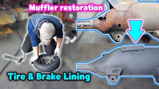 SYM Wide Evo 125 rear wheel brake lining and tire replacement and muffler regeneration