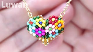 【DIY】Peyote Flower Heart Pendant Necklace tutorial ♡ビーズステッチ【DIY】ペヨーテステッチで花のハート形の作り方♡串珠【DIY】制作花朵爱心项链