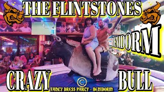 4K THE FLINTSTONES ON CRAZY BULL - FANCY DRESS PARTY#benidorm#fancydress #bullriding #mechanicalbull