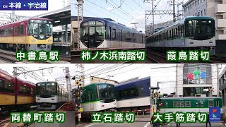 京阪「中書島駅 / 柿ノ木浜南踏切 / 葮島踏切 / 両替町踏切 / 立石踏切 / 大手筋踏切」（2020/01/27）