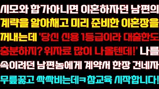 반전 신청사연 시모와 합가 아니면 이혼하자던 남편에게 미리 준비한 이혼장을 건네는데 문서를 본 순간 오열하는데 실화사연 사연낭독 라디오드라마 신청사연 라디오 사이다썰