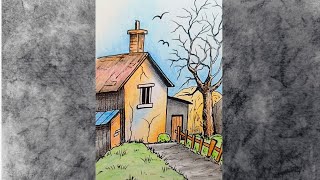 Landscape Scenery Drawing / House, Birds and Tree / Colored Pencils and Ink/ Pencil Sketch Tutorial