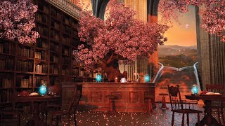 Cherry Blossom Library Café Ambience 🌸 Fantasy Café With Spring Nature Sounds & Library Sounds