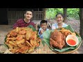 Mommy Sreypov: Seyhak and uncle enjoy eating chicken fried, pumpkin and frence fried cook by Mommy